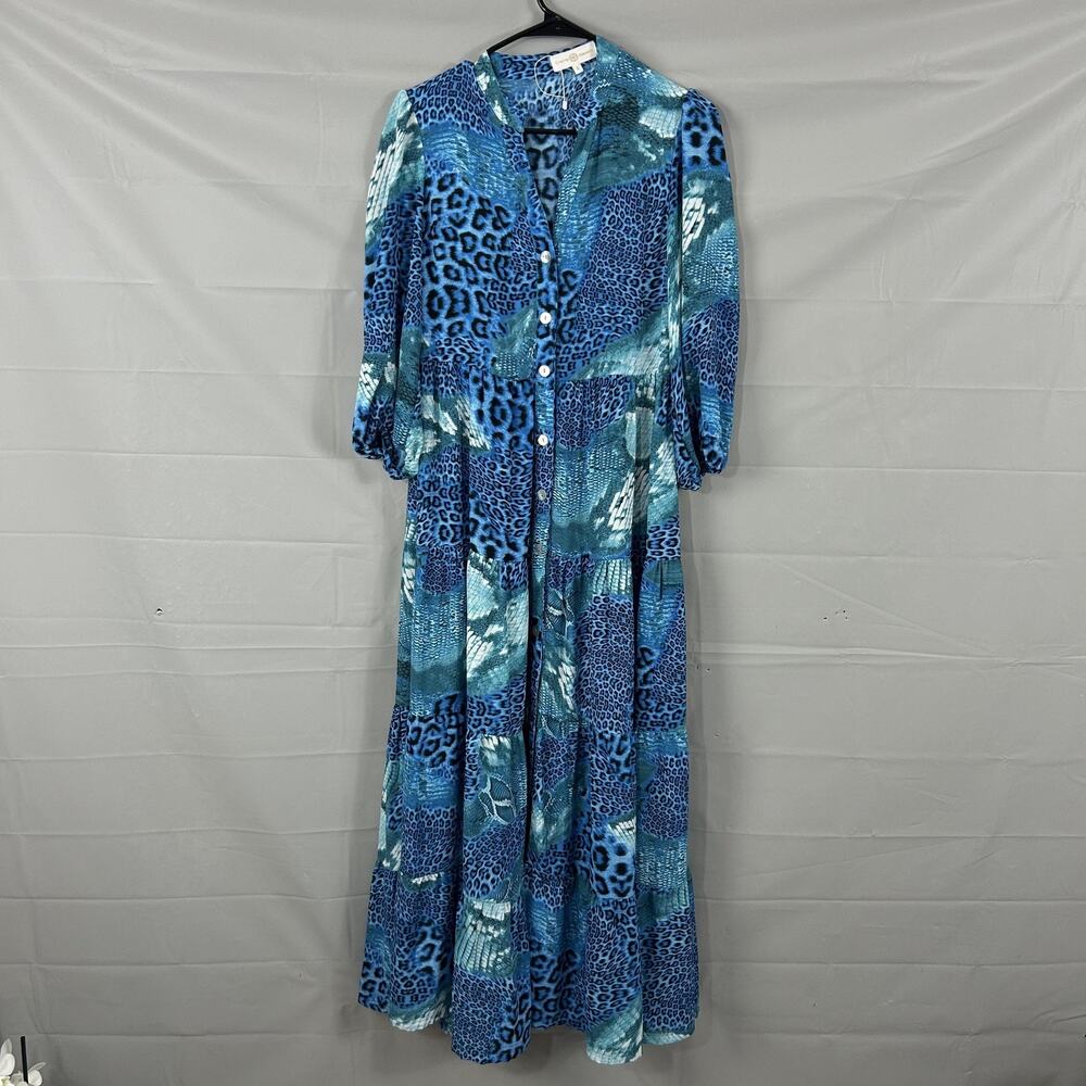 Cristina Sabatini Dress Small Animal Print Maxi Shirt Blue Resort Cruise Luxury